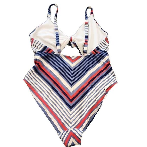 Time and Tru Women's July Stripe Tie Front One Piece Swimsuit Blue & Red Large - Picture 8 of 14